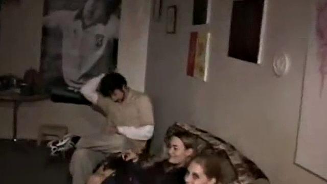 College girl in filthy frat house trio