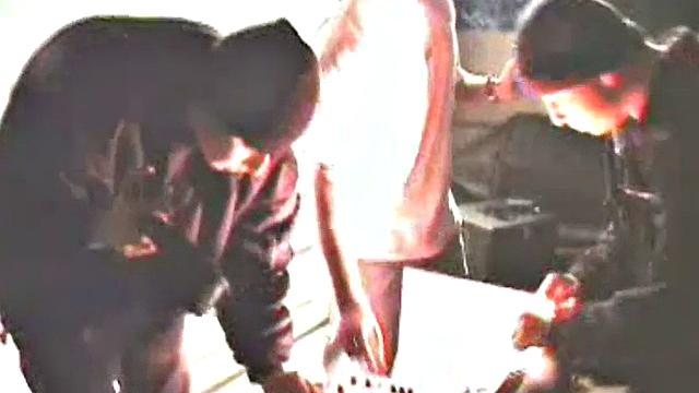 College girl in filthy frat house trio