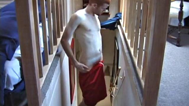 Standing on the stairs, Tristan is pretty hard, but it isn't until he strips naked and lubes that he gets into it. Moving his body with every stroke, Tristan sucks on his lower lip as he jacks off.