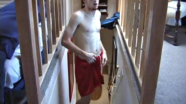 Standing on the stairs, Tristan is pretty hard, but it isn't until he strips naked and lubes that he gets into it. Moving his body with every stroke, Tristan sucks on his lower lip as he jacks off.