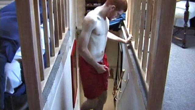 Standing on the stairs, Tristan is pretty hard, but it isn't until he strips naked and lubes that he gets into it. Moving his body with every stroke, Tristan sucks on his lower lip as he jacks off.