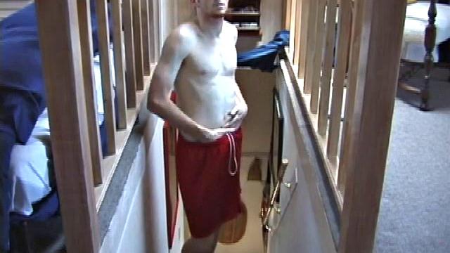 Standing on the stairs, Tristan is pretty hard, but it isn't until he strips naked and lubes that he gets into it. Moving his body with every stroke, Tristan sucks on his lower lip as he jacks off.