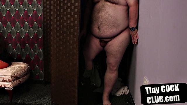 British dominas humiliate loser in CFNM group with their fat micro dicks