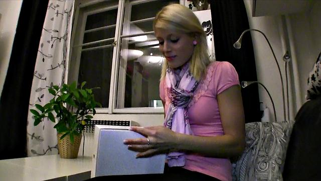 Blonde with a smile takes a hard pounding in the kitchen while wearing a t-shirt