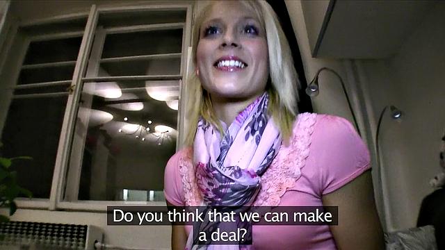 Blonde with a smile takes a hard pounding in the kitchen while wearing a t-shirt