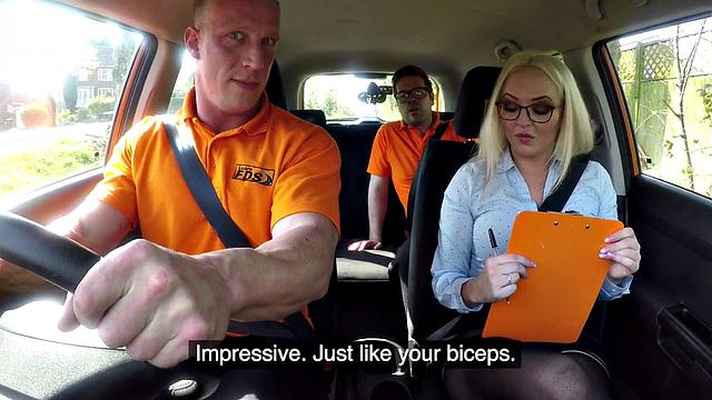 Busty English driving instructor squirts in car