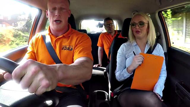 Busty English driving instructor squirts in car