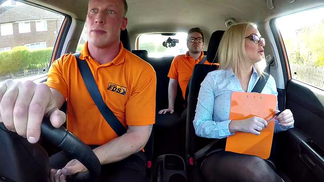 Busty English driving instructor squirts in car