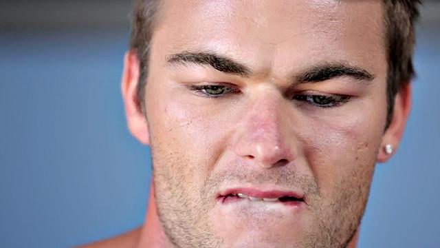 Hunky newbie solo tugging in gym until jizz