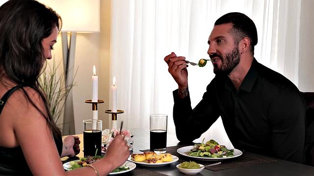 Big tit brunette Nicole Sage and neighbor fuck in the kitchen