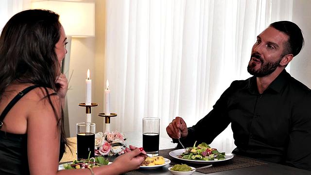 Big tit brunette Nicole Sage and neighbor fuck in the kitchen