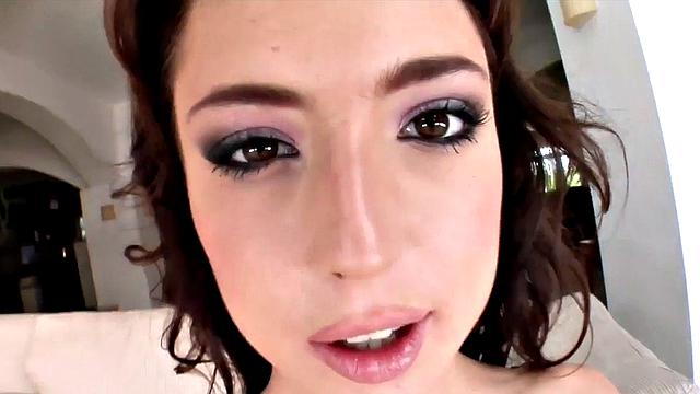 A horny brunette babe blow and jerk off before taking a big hard cock in her bald pussy