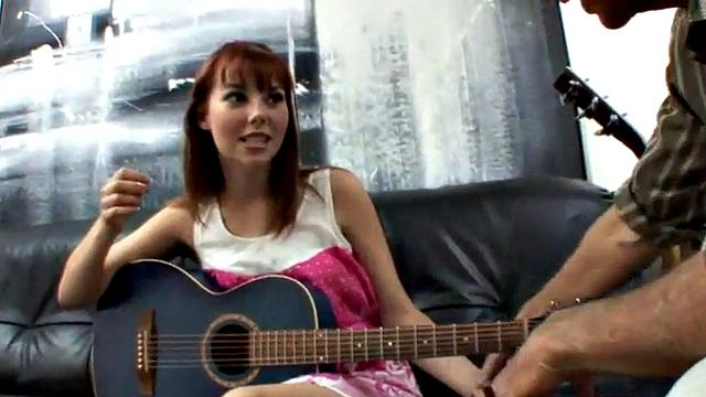 Teen banging oldie in music lesson scene
