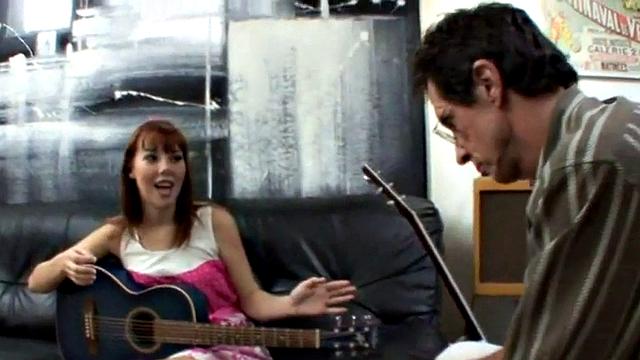 Teen banging oldie in music lesson scene