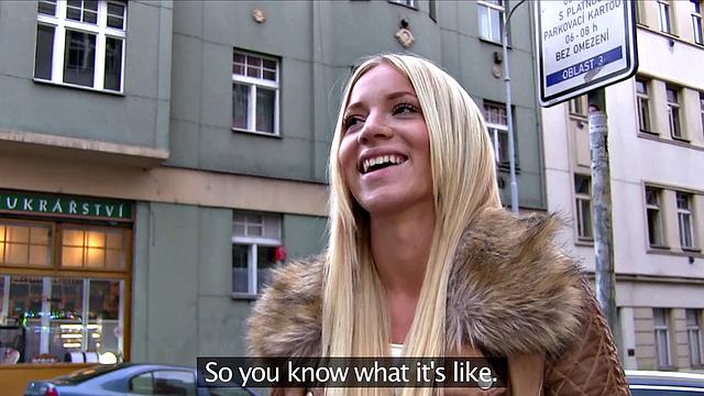 Naughty blonde Czech finds herself sucking on stranger's dick in the outdoors