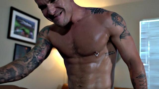 Inked and pierced jock gets fucked by his barebacked BF