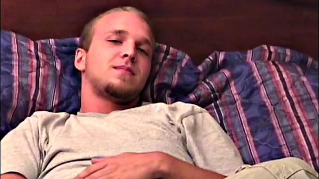 Pheonix gets naked on Auntie Bob's bed and quickly works up a stiff one. He briefly sits up to jerk off and then returns to a reclined position to continue his quest for climax.