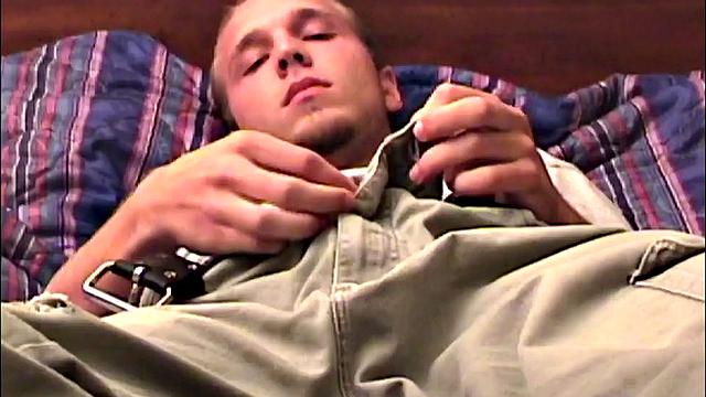 Pheonix gets naked on Auntie Bob's bed and quickly works up a stiff one. He briefly sits up to jerk off and then returns to a reclined position to continue his quest for climax.