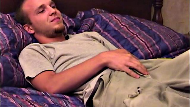 Pheonix gets naked on Auntie Bob's bed and quickly works up a stiff one. He briefly sits up to jerk off and then returns to a reclined position to continue his quest for climax.