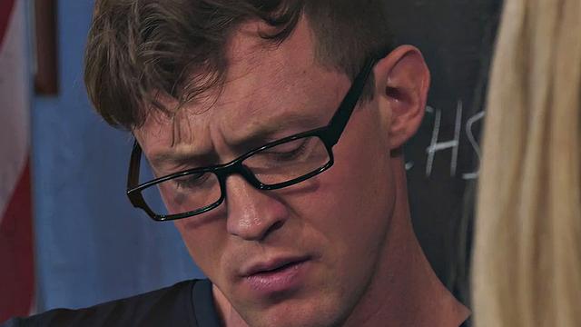 Naughty classmate teaches blonde Tgirl in stockings bareback in the classroom