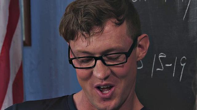 Naughty classmate teaches blonde Tgirl in stockings bareback in the classroom