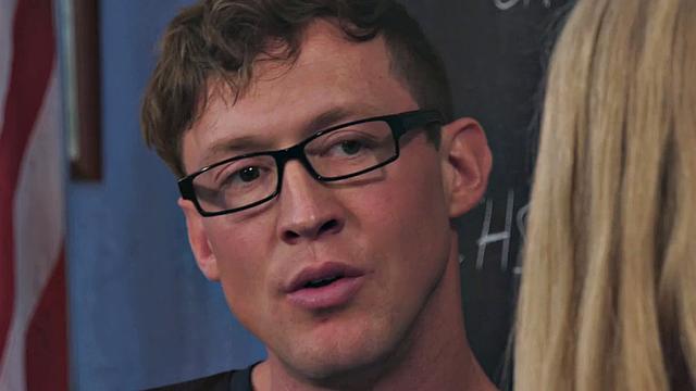 Naughty classmate teaches blonde Tgirl in stockings bareback in the classroom