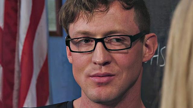 Naughty classmate teaches blonde Tgirl in stockings bareback in the classroom