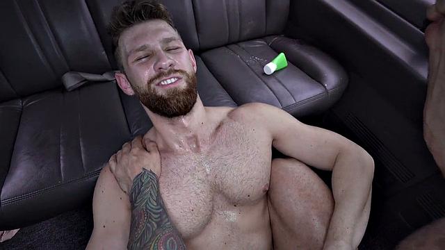 Straight athletic jock barebacked by gay in bus