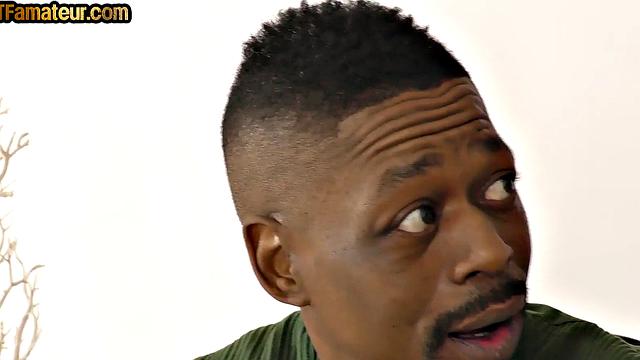 Bigass busty amateur MILF sucks and rides black BF at home