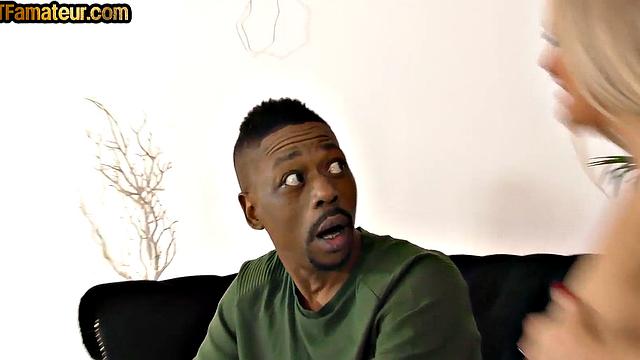 Bigass busty amateur MILF sucks and rides black BF at home