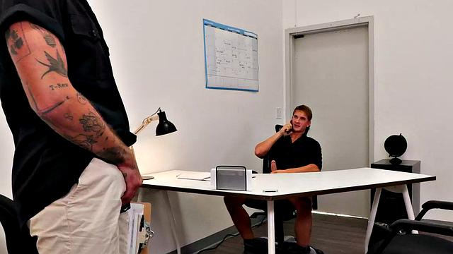 Tattooed jock barebacks tight asshole in office