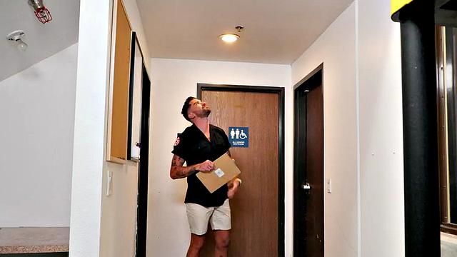 Tattooed jock barebacks tight asshole in office