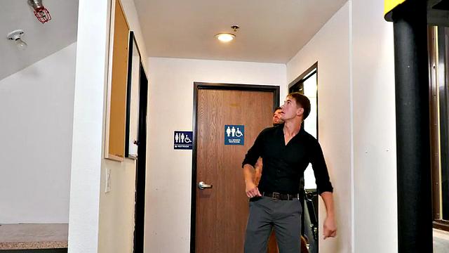 Tattooed jock barebacks tight asshole in office