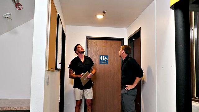 Tattooed jock barebacks tight asshole in office