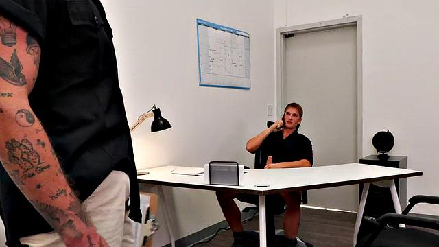 Tattooed jock barebacks tight asshole in office