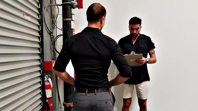 Tattooed jock barebacks tight asshole in office