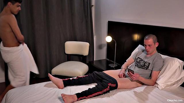 Felix joins Mark on the bed, wearing only a towel. They kiss, as Felix pulls Mark's big stiff cock out. Then Felix teases the boy with his fine little butt, before going down on Mark.