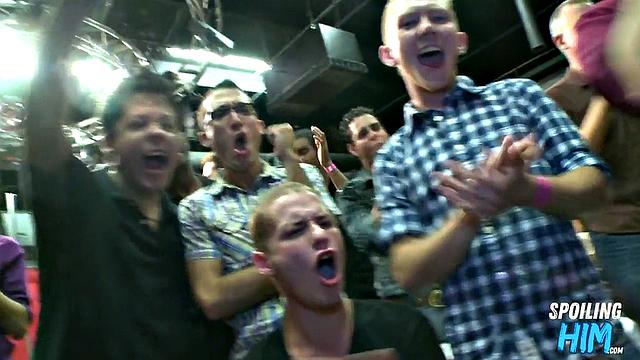 Busty horny stripper cock sucked at party