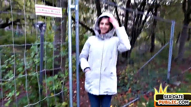 pulled blonde babe drilled outdoors