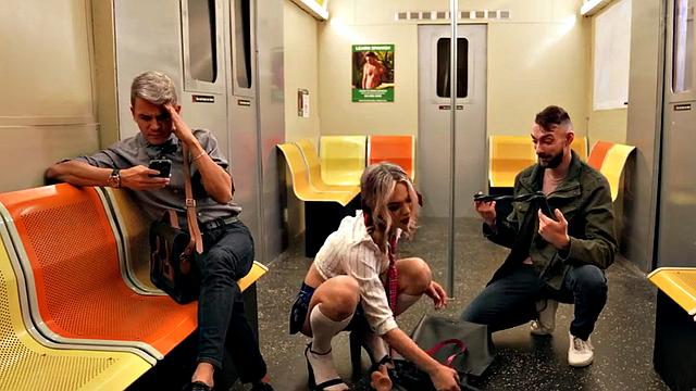 TS in college uniform enjoys underground train barebacking