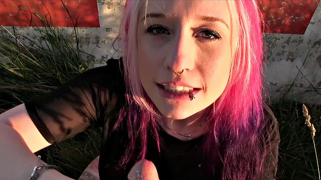 Tattooed slut talks dirty while getting her holes drilled outdoors