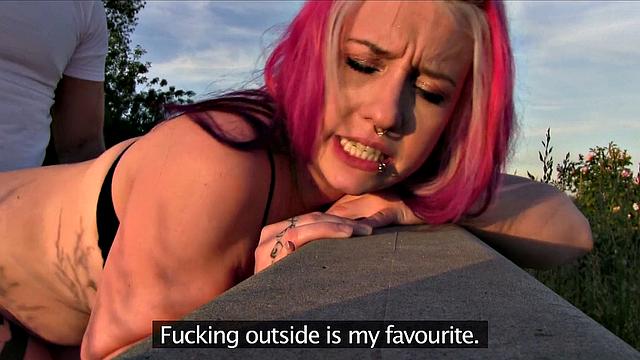 Tattooed slut talks dirty while getting her holes drilled outdoors