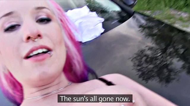 Tattooed slut talks dirty while getting her holes drilled outdoors