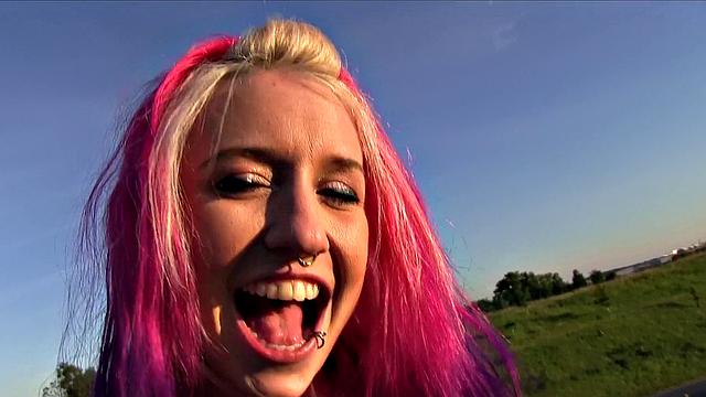 Tattooed slut talks dirty while getting her holes drilled outdoors