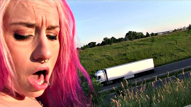 Tattooed slut talks dirty while getting her holes drilled outdoors