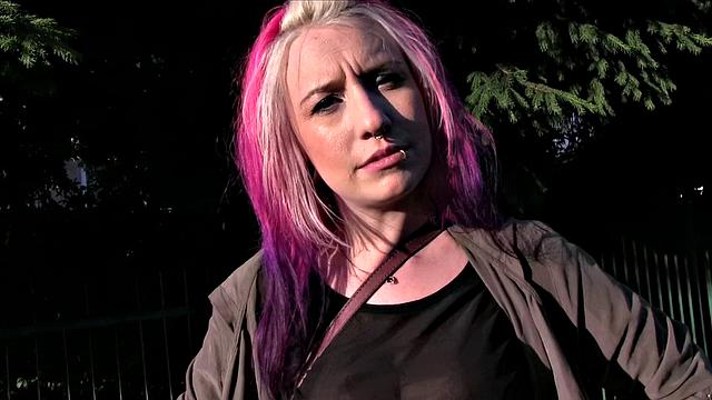 Tattooed slut talks dirty while getting her holes drilled outdoors