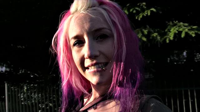 Tattooed slut talks dirty while getting her holes drilled outdoors