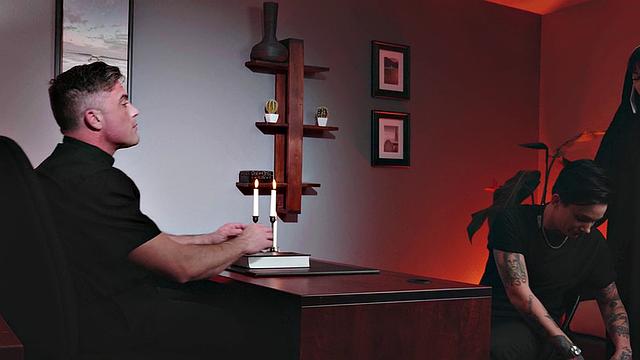 CFNM deepthroat student sucks priest rod in church dormitory