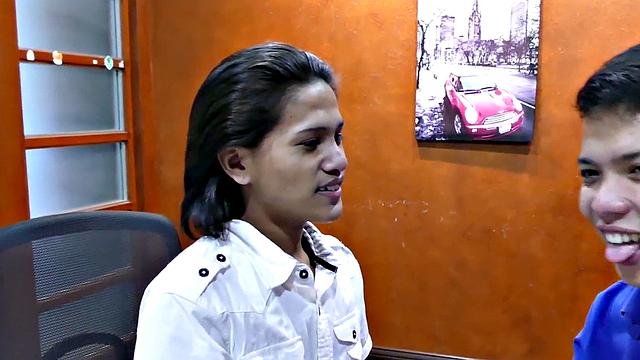 Gay boss fucks skinny Asian twinks in office 3some