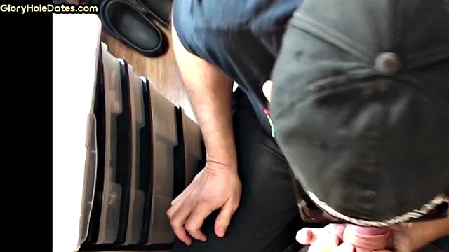 Gloryhole DILF with glasses sucks cock with mouth